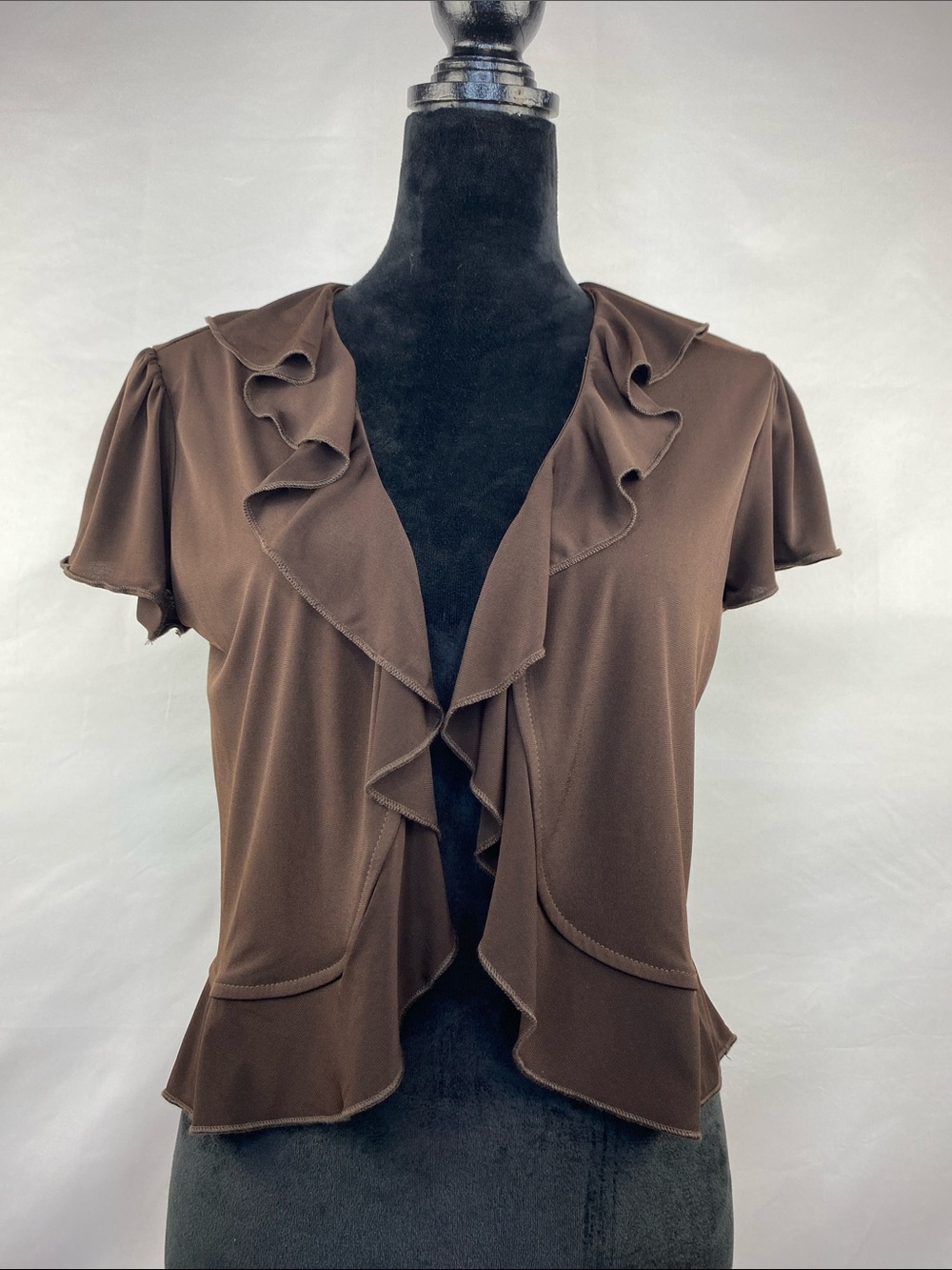 Vintage Y2K Chocolate Brown Sheer Ruffle Shrug Bolero Cardigan Open Front M/L